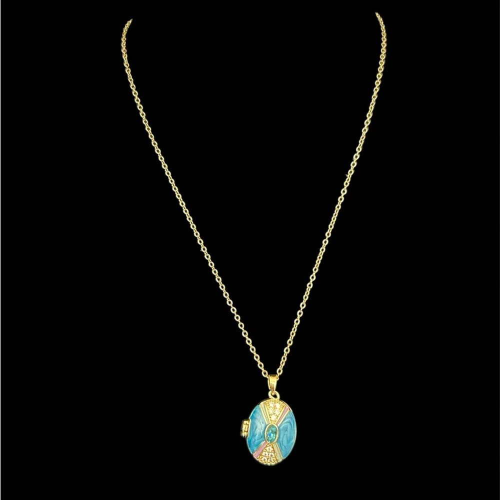 Blue and Pink Locket 18K Gold-Plated Stainless Steel Crystal Necklace